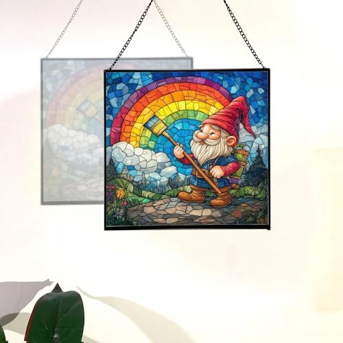 Gnome with Rainbow Paintbrush Stained Glass Suncatcher – Square Hanging Window Panel for Home or Greenhouse – Whimsical Glass Art Gift for Garden Lovers, Christmas, Halloween, Father Days 4QDKIj - Image 4