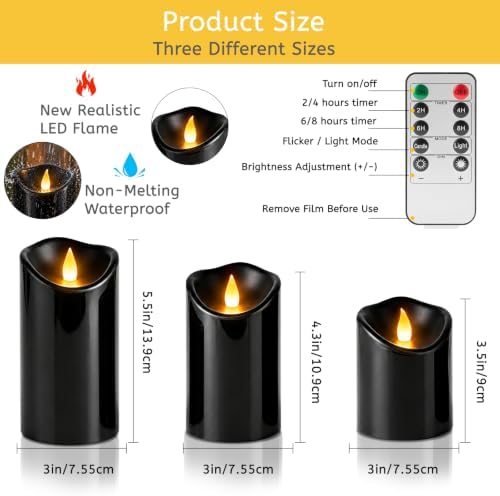 Flameless Candles 4" 5" 6" Set of 9 Outdoor Indoor Pillars Battery Operated Flickering Candles Include 8-Key Remote Timer Function Black Fake LED Candles for Wedding, Aniversary,Christmas Decor - Image 4