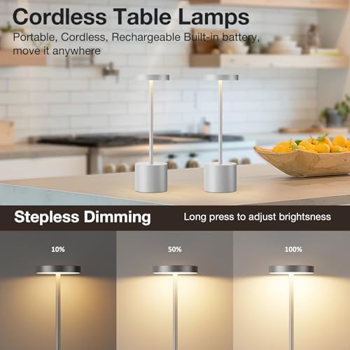 Kakanuo Silver Gray Cordless Lamp Set, Rechargeable Lamp, 3 Color Temperature, LED Outdoor Wireless Lamps, Battery Operated Lamps, Stepless Dimmable, Touch Control - Image 6