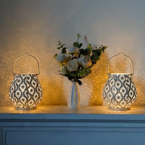 TRIROCKS Set of 12 Moroccan Decorative Lamps 8'' High Battery Powered Cordless Lamp Metal Table Lamps with Fairy Lights Bulb for Home Room Garden Yard Party Events Tabletop Indoor Outdoor(White) - Image 5