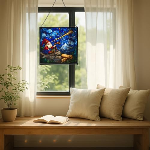 Gnome Stargazing Stained Glass Suncatcher – Square Hanging Window Panel for Home, Garden, Nursery, Halloween, Christmas, Memorial Day – Whimsical Glass Art Gift for Gnome Lovers pdylcp - Image 7