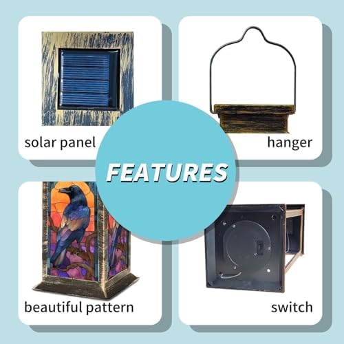 Solar Lantern Somber Raven Gnarled Branch Sunset Stained Glass Design Outdoor Waterproof Garden Hanging Lantern Solar Powered Lighting Outside Table Lamp for Patio Deck Camping 1 Pack - Image 4