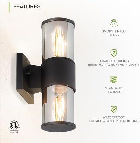 ASD Smoky Glass Outdoor Wall Lights - Up & Down 60W 120V E26 Base ETL Exterior Lighting Fixtures, LED/CFL/Incandescent Bulb Outdoor Lights for House, Waterproof Patio Wall Sconces & Porch Decor 2 Pack - Image 3