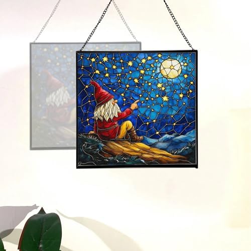 Gnome Stargazing Hill Stained Glass Suncatcher – Square Hanging Window Panel for Home or Greenhouse – Whimsical Glass Art Gift for Garden Lovers, Christmas, Halloween, Father Days CS5nfH - Image 4
