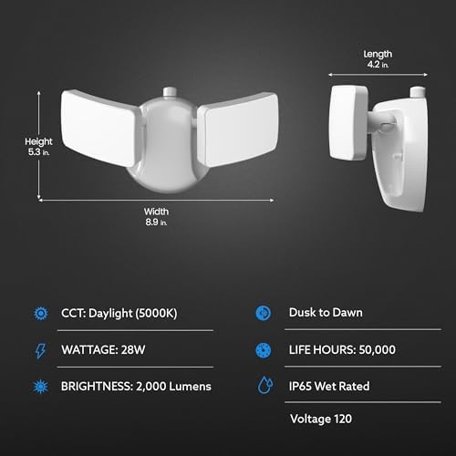 Feit Electric 28W Dusk to Dawn Dual Head Outdoor LED Security Flood Light, 2000 Lumens, 5000K Daylight, Adjustable Heads, Waterproof, Hardwired, 50,000-Hour Lifetime, S9DFL/850/DD/WH - Image 5