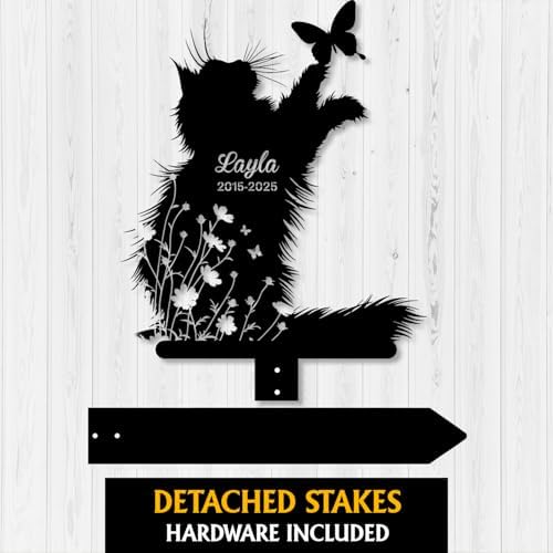 Custom Longhair Cat Memorial Stake, Cat Playing with Butterfly Grave Marker, Personalized Pet Loss Gift Metal Garden Plaque (Cat Playing with Butterfly) - Image 3