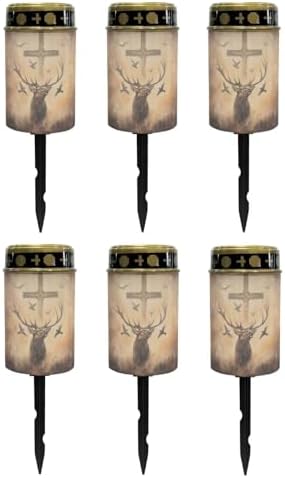 Poceacles 6 Pack Cross Solar Lights Outdoor for Cemetery Grave Decorations, Fake LED Pillar Candles Solar Powered Waterproof Outdoor Stake Lights Grave Markers, Deer Cross Dove of Peace Vintage by Poceacles