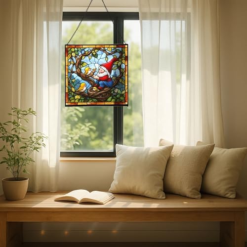 Gnome with Baby Birds Stained Glass Suncatcher – Square Hanging Window Panel for Home, Garden, Nursery, Halloween, Christmas, Memorial Day – Whimsical Glass Art Gift for Gnome Lovers n0kdzi - Image 7