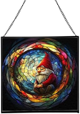 Stained-Glass Window Gnome Stained Glass Suncatcher – Square Hanging Window Panel for Home or Greenhouse – Whimsical Glass Art Gift for Garden Lovers, Christmas, Halloween, Father Days a2bzSD by Custom