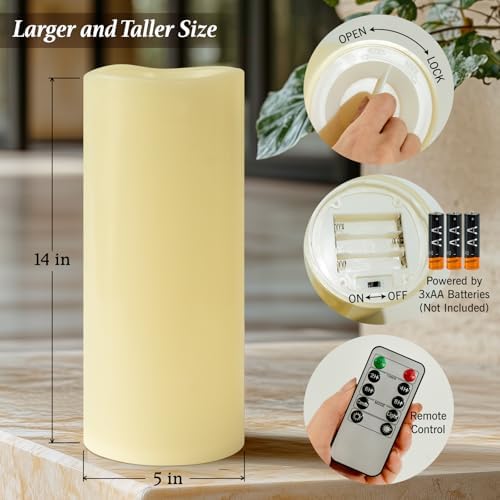 5" x 14" Ivory Large Waterproof Outdoor Flameless Candles Battery Operated LED Flickering Pillar Candles with Remote and Timer for Indoor Outdoor Lanterns, Long Lasting, Set of 2 - Image 3