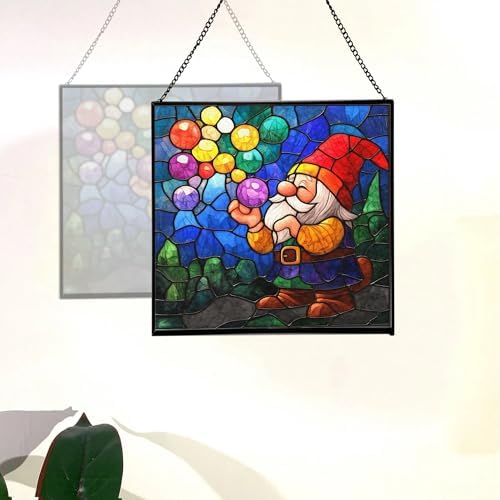 Bubble Blowing Gnome Stained Glass Suncatcher – Square Hanging Window Panel for Home or Greenhouse – Whimsical Glass Art Gift for Garden Lovers, Christmas, Halloween, Father Days VztFRs - Image 4