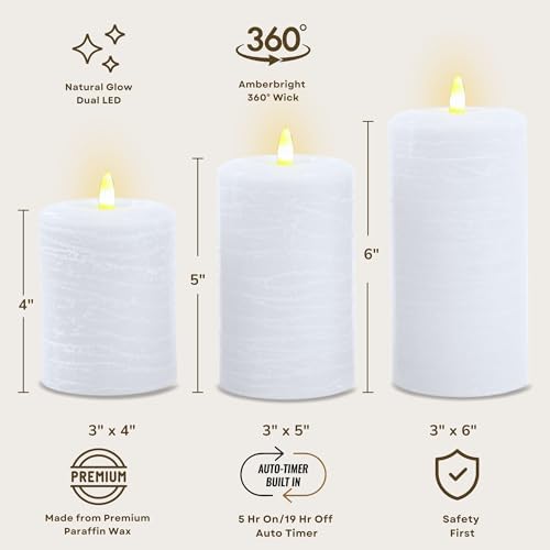LumiPur Essentials Natural Glow Flameless Flickering Wax Pillar 3 Pack LED Candles (3" x 4" 5" & 6") Winter White - Image 2