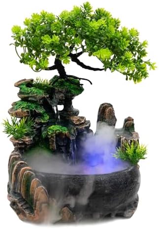 Tabletop Waterfall Fountain, Mini Rockery Fountain with Colorful LED Light, Indoor Resin Desktop Fountain Décor for Home Office, 6.7 x 7 x 5.9 Inch by Milzeone