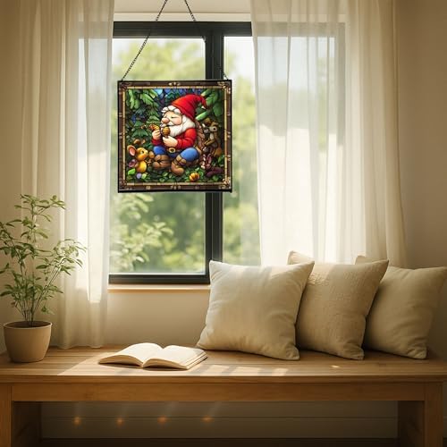 Gnome with Acorn Whistles Stained Glass Suncatcher – Square Hanging Window Panel for Home, Garden, Nursery, Halloween, Christmas, Memorial Day – Whimsical Glass Art Gift for Gnome Lovers a2mqwg - Image 7