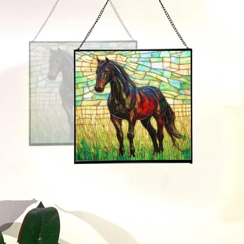 Black Hanoverian Horse Standing in Golden Pasture Light Square Suncatcher – Stained Glass Style Window Panel with Pastoral Scene, Custom Decorative Hanging Art for Equestrian Home, Christmas dsPHQT - Image 4