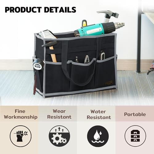 Tool Bag,Tool Pouch with 6 Pockets,Heavy Duty Waxed Canvas Garden Tool Bag Tool Case,16.5 x 7 x 12 Inch & Black - Image 5