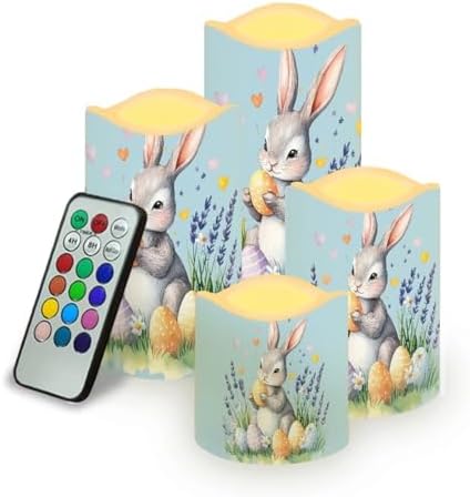 Rabbit Easter Eggs Flickering Flameless Candles Battery Operated Candles Set of 4 with Remote Control Timer Color Changing Pillar Candles Bulk Tea Lights Home Table Easter Decoration by Uorisanigo