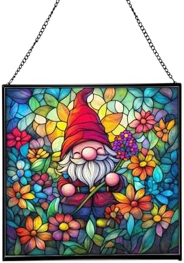 Midsummer Gnome Garden Stained Glass Suncatcher – Square Hanging Window Panel for Home or Greenhouse – Whimsical Glass Art Gift for Garden Lovers, Christmas, Halloween, Father Days 9TJjo3 by Custom