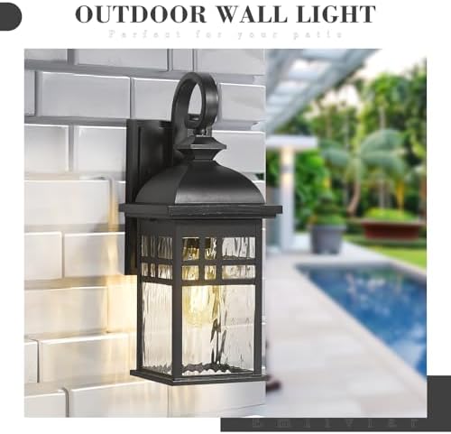 Emliviar Outdoor Light Fixture Wall Mount, Exterior Wall Sconce for Front Porch, Black Finish with Water Ripple Glass, DE279B BK-WP - Image 2