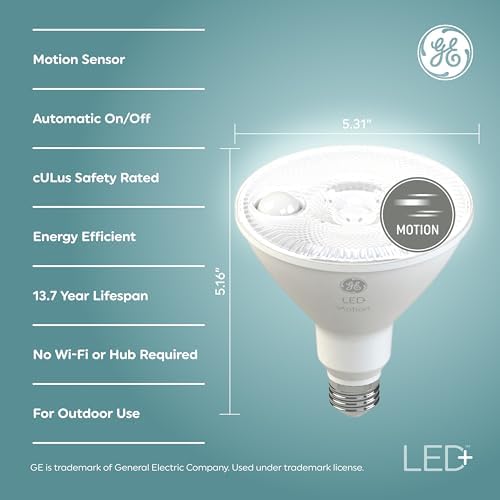 GE LED+ Motion Sensor LED Light Bulbs, 15W, PAR38 Outdoor Security Floodlight, Warm White (2 Pack) - Image 2