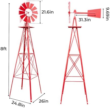 Outvita 8FT Red Metal Ornamental Windmill Weather Vane - Image 2