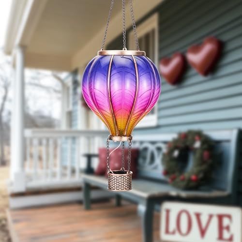 TERESA'S COLLECTIONS Hot Air Balloon Solar Lantern for Garden Decor ,Flickering Flame Hanging Solar Light for Outdoor ,Purple & Pink Plastic Lamp for Yard Tree Gift for Mom - Image 3