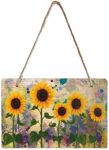 Plant Welcome Wall Hanging Sign- Retro Sunflower Hand Painted Style Slate Hanging Plaques for Front Door Porch Window Farmhouse Garden 5.1" x 7.9" Wall Home Decor by EwdeWwo