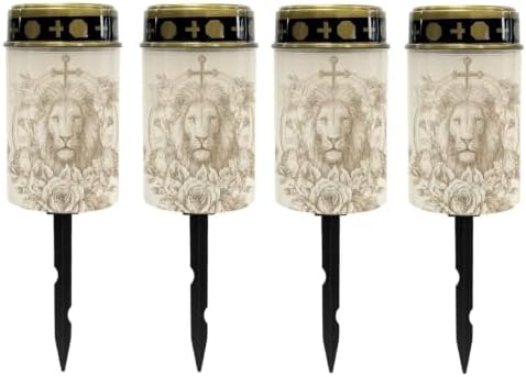 Poceacles Outdoor Solar Lights Solar Grave Candle Outdoor Waterproof Cemetery LED Candles for Cemetery Lawn Porch Outside Decoration, Retro Beige Lion Cross Rose, Set of 4 by Poceacles