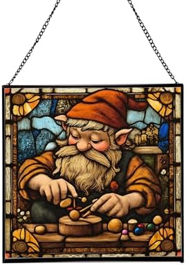 Gnome with Wooden Toys Stained Glass Suncatcher – Square Hanging Window Panel for Home, Garden, Nursery, Halloween, Christmas, Memorial Day – Whimsical Glass Art Gift for Gnome Lovers q52w30 by Custom