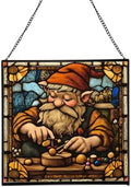 Gnome with Wooden Toys Stained Glass Suncatcher – Square Hanging Window Panel for Home, Garden, Nursery, Halloween, Christmas, Memorial Day – Whimsical Glass Art Gift for Gnome Lovers q52w30 by Custom