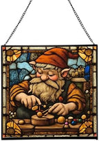Gnome with Wooden Toys Stained Glass Suncatcher – Square Hanging Window Panel for Home, Garden, Nursery, Halloween, Christmas, Memorial Day – Whimsical Glass Art Gift for Gnome Lovers q52w30 by Custom