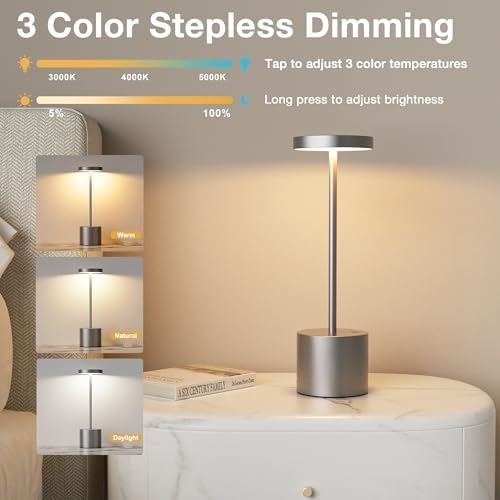 Kakanuo Grey Rechargeable Cordless Lamp - Touch Control, 3 Color Temperature, Wireless Battery Operated Lamps, Stepless Dimmable, Set of 2 - Image 4