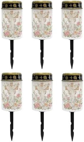 Poceacles Cross Grave Lights for Cemetery Solar Lights for Grave Solar Candle Solar Lantern Light Walkway Lights Waterproof Landscape Lighting for Loss of Mom Dad, Floral Cross White, Pack of 6 by Poceacles