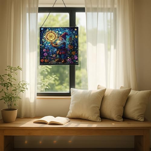 Gnome with Dreamcatcher Stained Glass Suncatcher – Square Hanging Window Panel for Home or Greenhouse – Whimsical Glass Art Gift for Garden Lovers, Christmas, Halloween, Father Days 8jzg1a - Image 7
