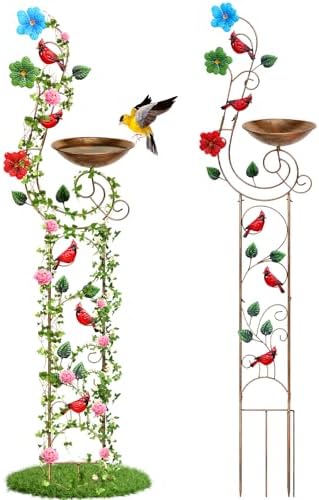 YADOOLIFE 57” Bird Bath with Garden Trellis for Climbing Plants Outdoor, Small Decorative Trellises Metal Birdbath Bird Baths, 1 Piece (Redbird) by YADOOLIFE