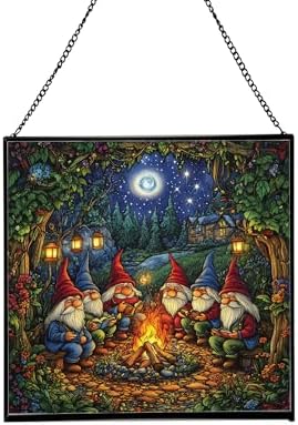 Campfire Story Gnome Stained Glass Suncatcher – Square Hanging Window Panel for Home or Greenhouse – Whimsical Glass Art Gift for Garden Lovers, Christmas, Halloween, Father Days hQZx4H by Custom