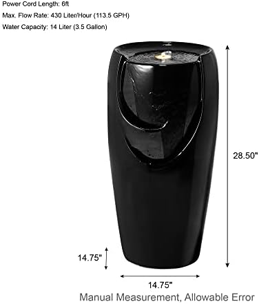 Glitzhome 29.25" H Oversized Ceramic Vase Outdoor Water Fountain Tall Patio Garden Water Fountain with LED Light and Submersible Pump Yard Art Decor, Black, 29.25”H - Image 2
