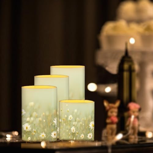 Flameless Candles Battery Powered LED Pillar Candles Tealights with Remote Timer Color Changing Control for Indoor Outdoor Home Tabletop Decoration Set of 4, Daisy Floral Green - Image 5