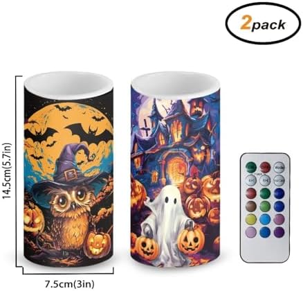 Pack of 2 Halloween Flameless Candles with Remote Battery Operated Candles with Timer Flickering LED Elictric Pillar Lights for Party Home Decor, Bat Owl Ghost Print - Image 2