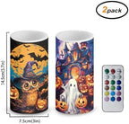 Pack of 2 Halloween Flameless Candles with Remote Battery Operated Candles with Timer Flickering LED Elictric Pillar Lights for Party Home Decor, Bat Owl Ghost Print - Image 2