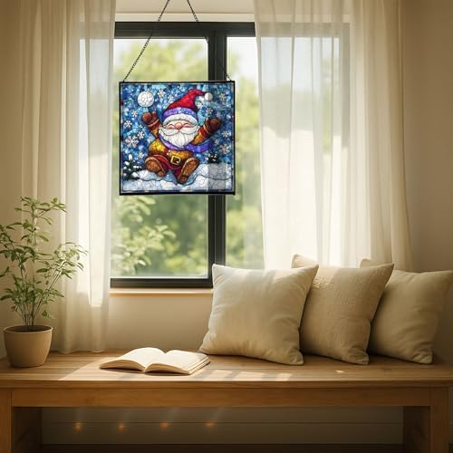 Snowball Gnome Joy Stained Glass Suncatcher – Square Hanging Window Panel for Home or Greenhouse – Whimsical Glass Art Gift for Garden Lovers, Christmas, Halloween, Father Days FU1p6u - Image 7