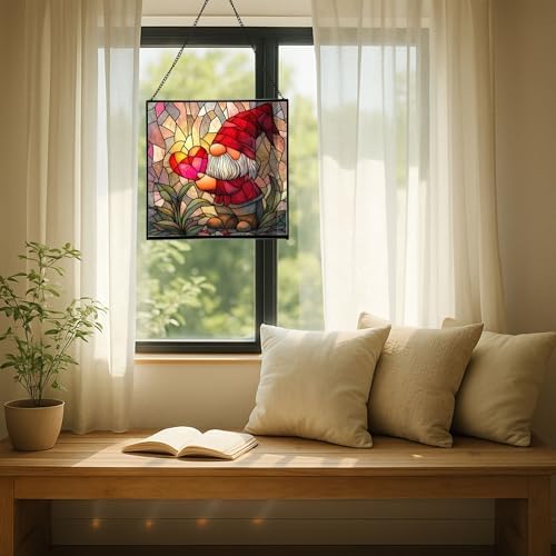 Valentine Gnome Hug Stained Glass Suncatcher – Square Hanging Window Panel for Home or Greenhouse – Whimsical Glass Art Gift for Garden Lovers, Christmas, Halloween, Father Days PHaf2k - Image 7