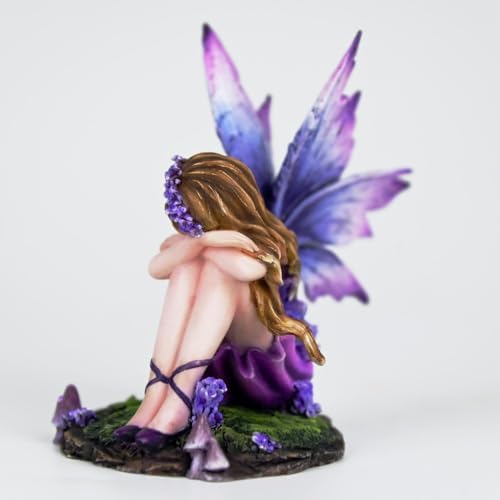 Fantasy Purple Sleeping Fairy Figurine, 3.15 Inch Blue-Purple Gradient Elf Statue, Hand-Painted Resin Decor with Flower Crown & Mini Mushroom Base for Desk, Fairy Garden, Bedroom - Image 5