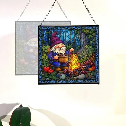 Berry Jam Gnome Stained Glass Suncatcher – Square Hanging Window Panel for Home or Greenhouse – Whimsical Glass Art Gift for Garden Lovers, Christmas, Halloween, Father Days uCi2nS - Image 4