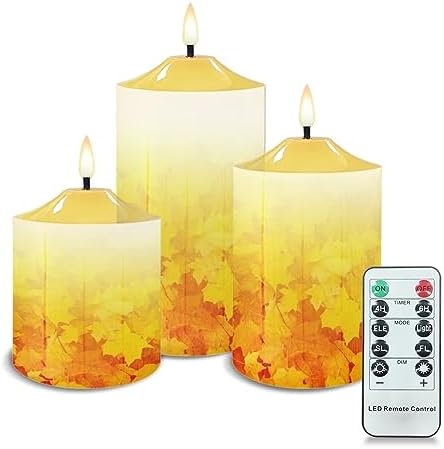 Cozeyat 3Pack Timer Flameless LED Candles, Long Lasting Battery Operated Tea Light with Timers, Fallen Leaf Design 4/6H Timers Flameless Candles with Remote for Wedding Table Decor by Cozeyat