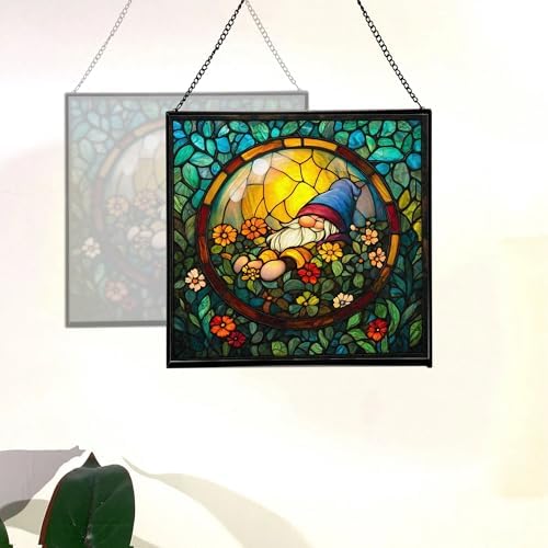 Floating Bubble Nest Gnome Stained Glass Suncatcher – Square Hanging Window Panel for Home or Greenhouse – Whimsical Glass Art Gift for Garden Lovers, Christmas, Halloween, Father Days PdPnfS - Image 4