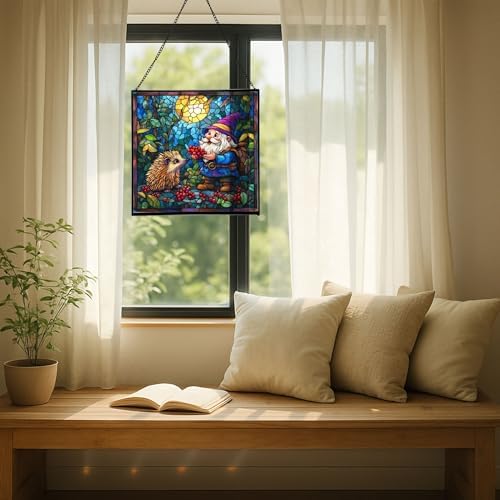 Gnome and Hedgehog Friends Stained Glass Suncatcher – Square Hanging Window Panel for Home or Greenhouse – Whimsical Glass Art Gift for Garden Lovers, Christmas, Halloween, Father Days Mqinb4 - Image 7