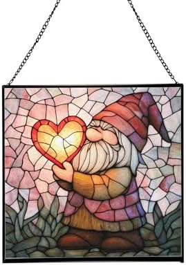 Valentine Gnome Hug Stained Glass Suncatcher – Square Hanging Window Panel for Home or Greenhouse – Whimsical Glass Art Gift for Garden Lovers, Christmas, Halloween, Father Days nULTXb by Custom
