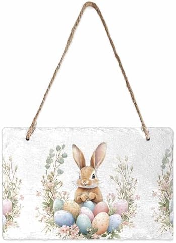 Easter Spring Welcome Wall Hanging Sign- Easter Bunny Egg Flower Slate Hanging Plaques for Front Door Porch Window Farmhouse Garden 5.1" x 7.9" Wall Home Decor by EwdeWwo