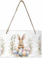 Easter Spring Welcome Wall Hanging Sign- Easter Bunny Egg Flower Slate Hanging Plaques for Front Door Porch Window Farmhouse Garden 5.1" x 7.9" Wall Home Decor by EwdeWwo